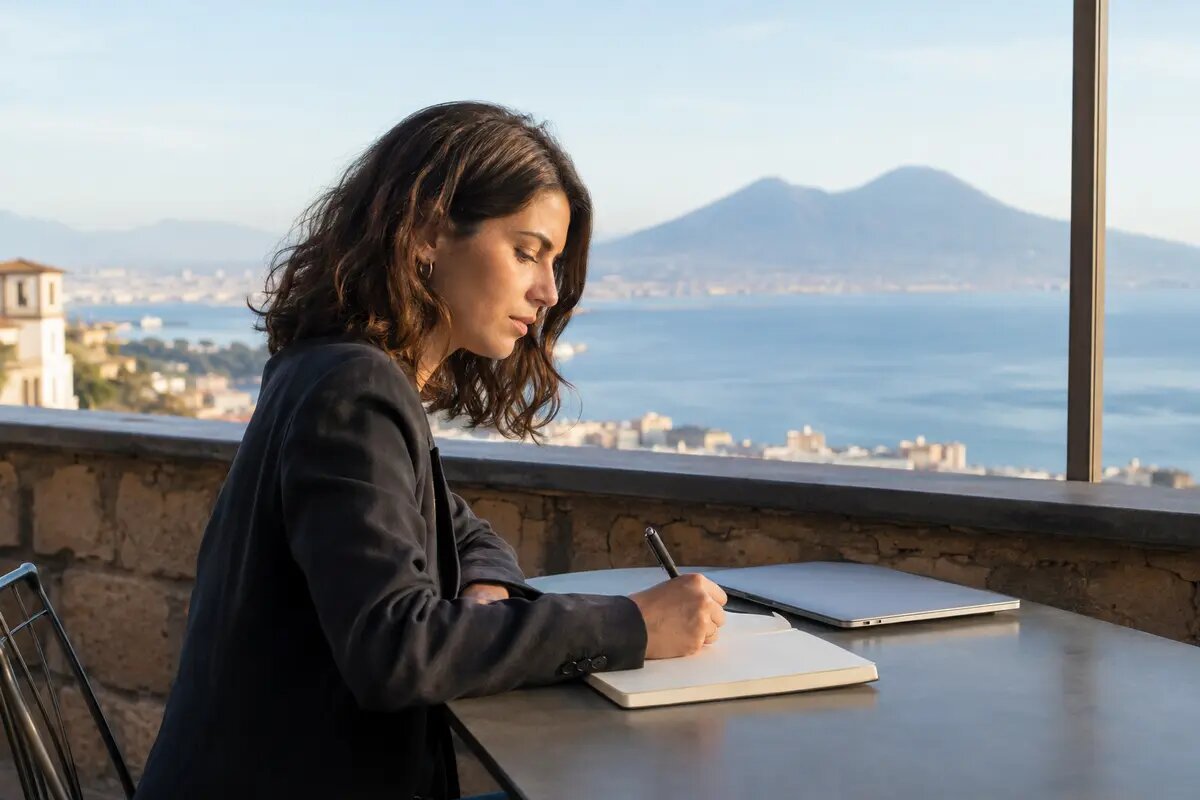 Professionista pianifica i propri obiettivi con vista su Napoli e il Vesuvio