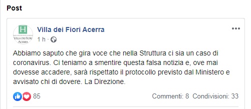 coronavirus messaggio clinica villa dei fiori acerra